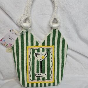 Green and White Striped Beaded Martini Glass Bag